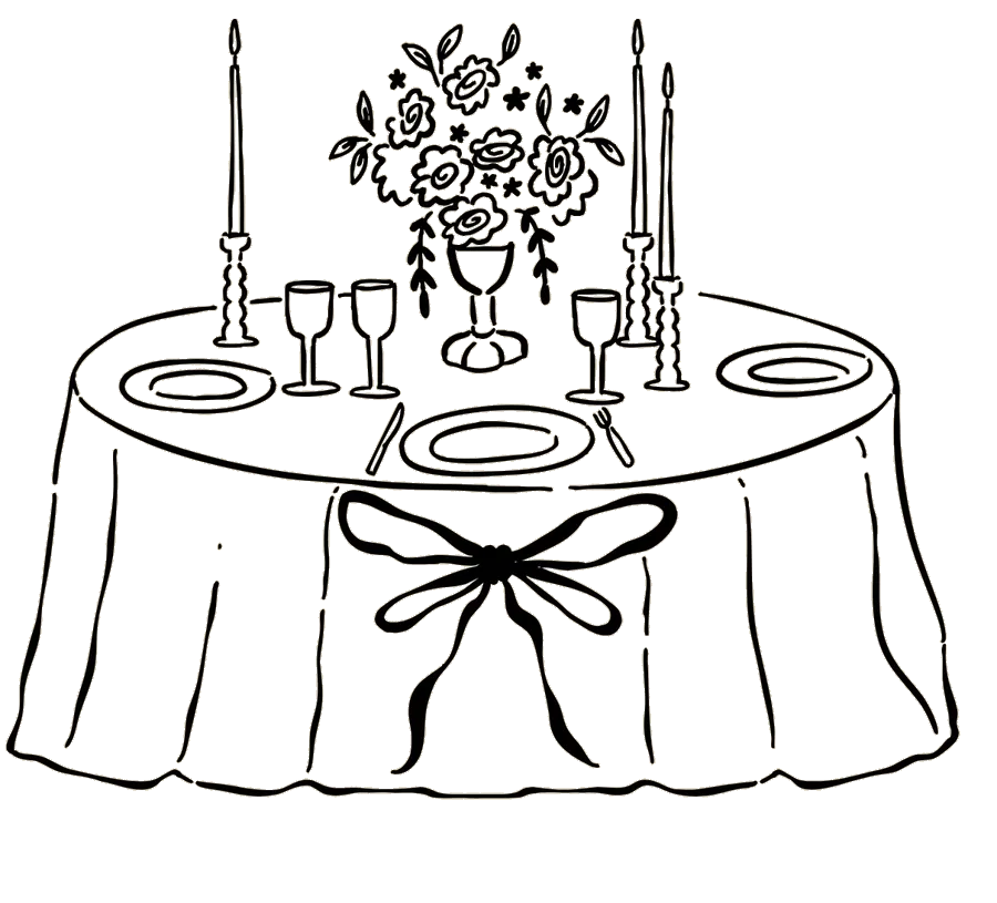 Illustration einer festlich gedeckten Hochzeitstafel mit Kerzenst&auml;ndern und Blumenvase